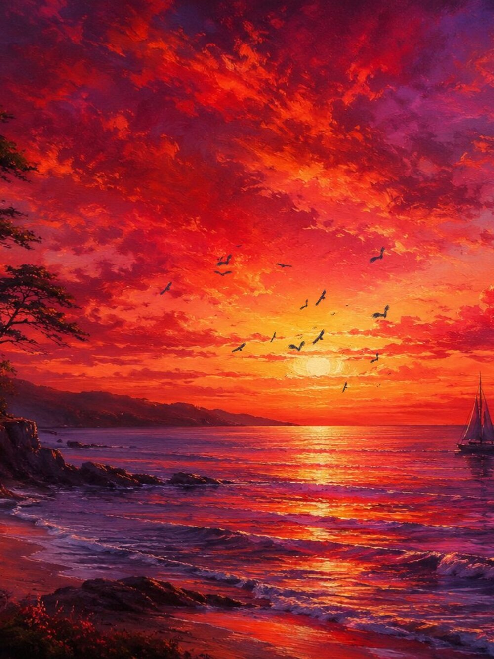 Crimson Ocean Sunset 36x24 Coastal Art Print Crimson Red & Fiery Gold